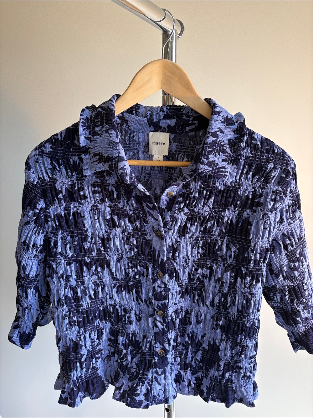 Maeve Navy & Periwinkle Textured Floral-Print Button-Front Blouse, 12” sleeves